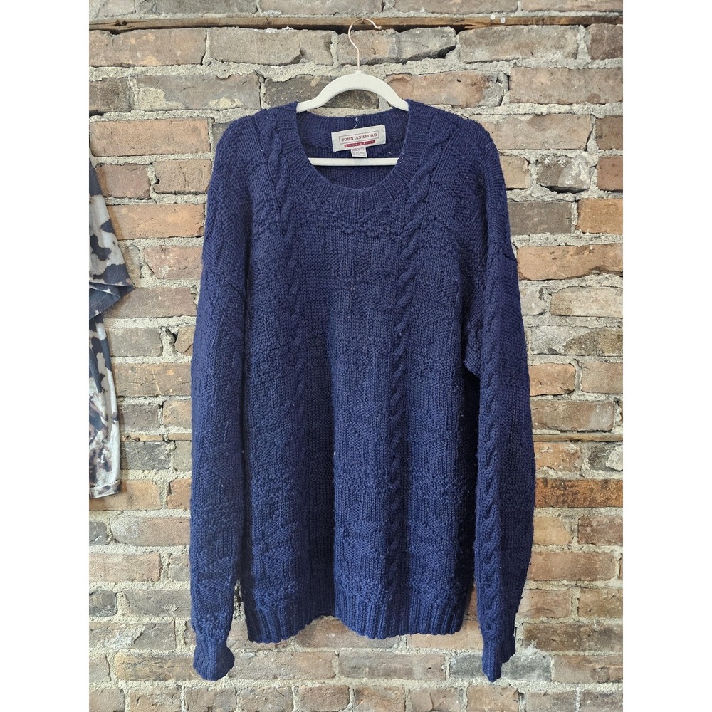 John Ashford Sweater Mens Large Blue Wool Cable Knit Handknit Crewneck Pullover